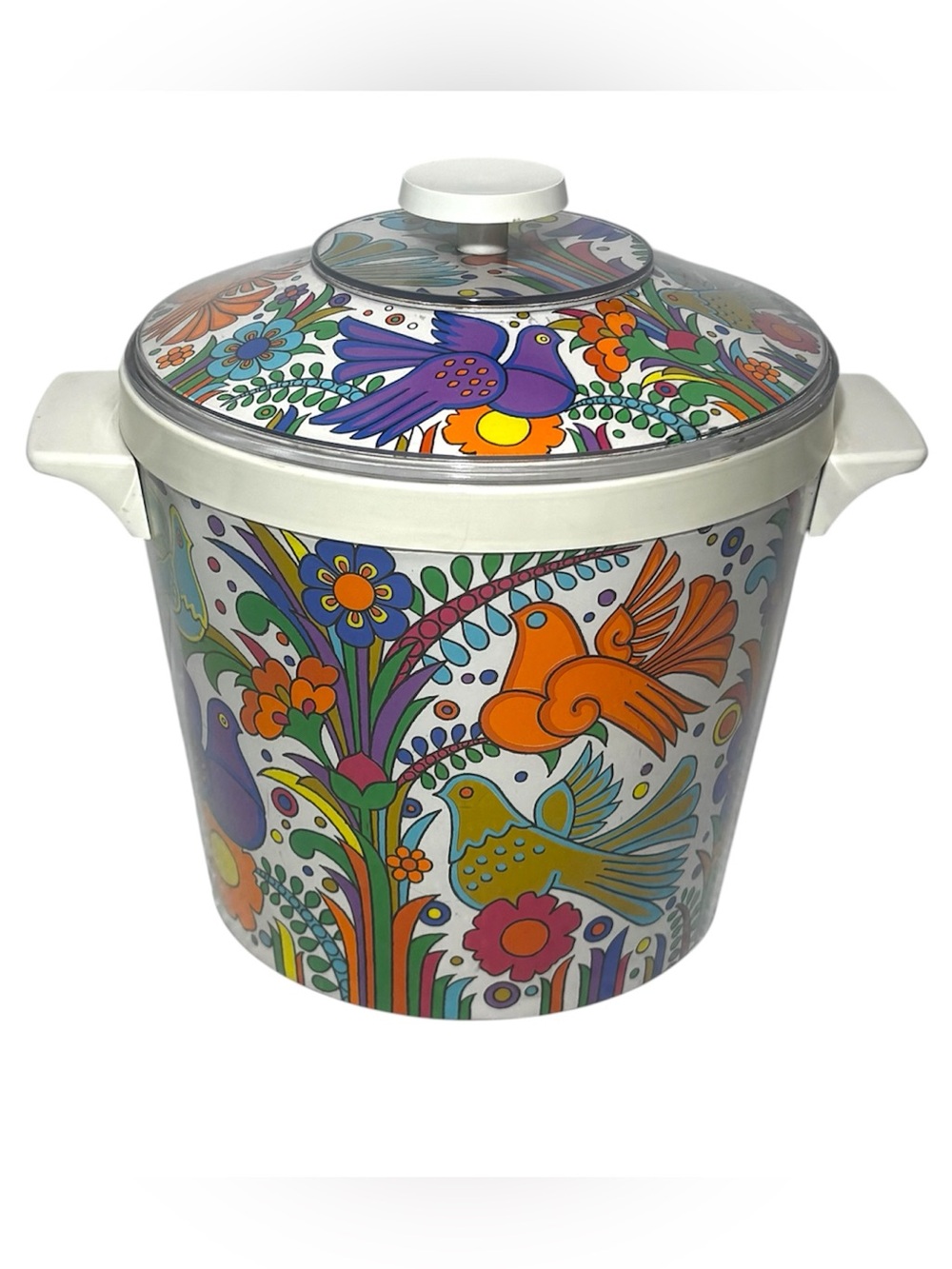 VTG 1970s K.I.H. Insulated Acrylic Ice Bucket Bird & Flower Pop Art Mod MCM